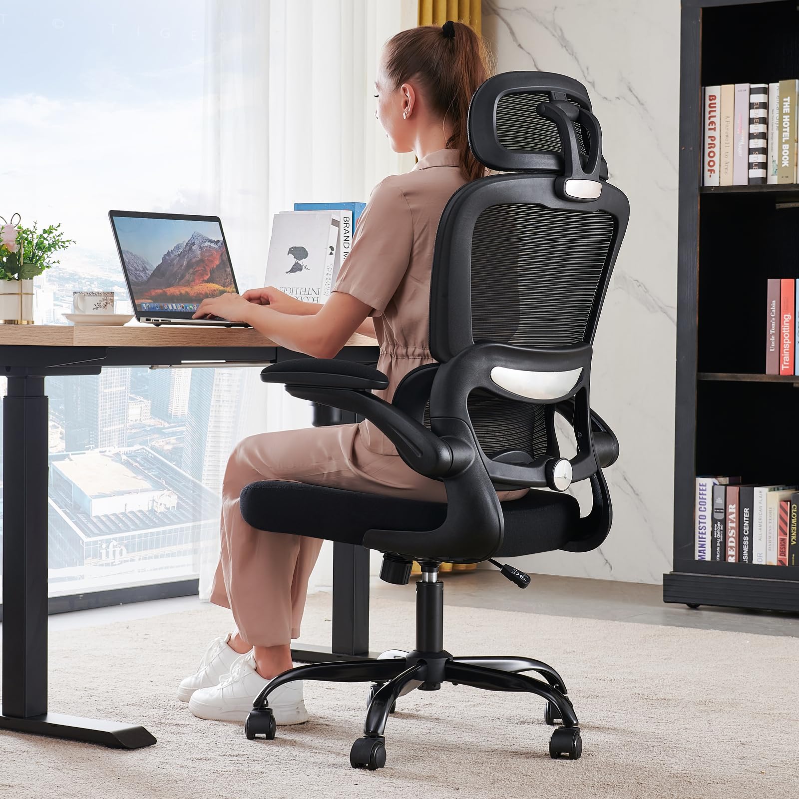 Ergonomic Mesh Office Chair with Adjustable Lumbar, Headrest and Flip-Up Arms, shown at a desk