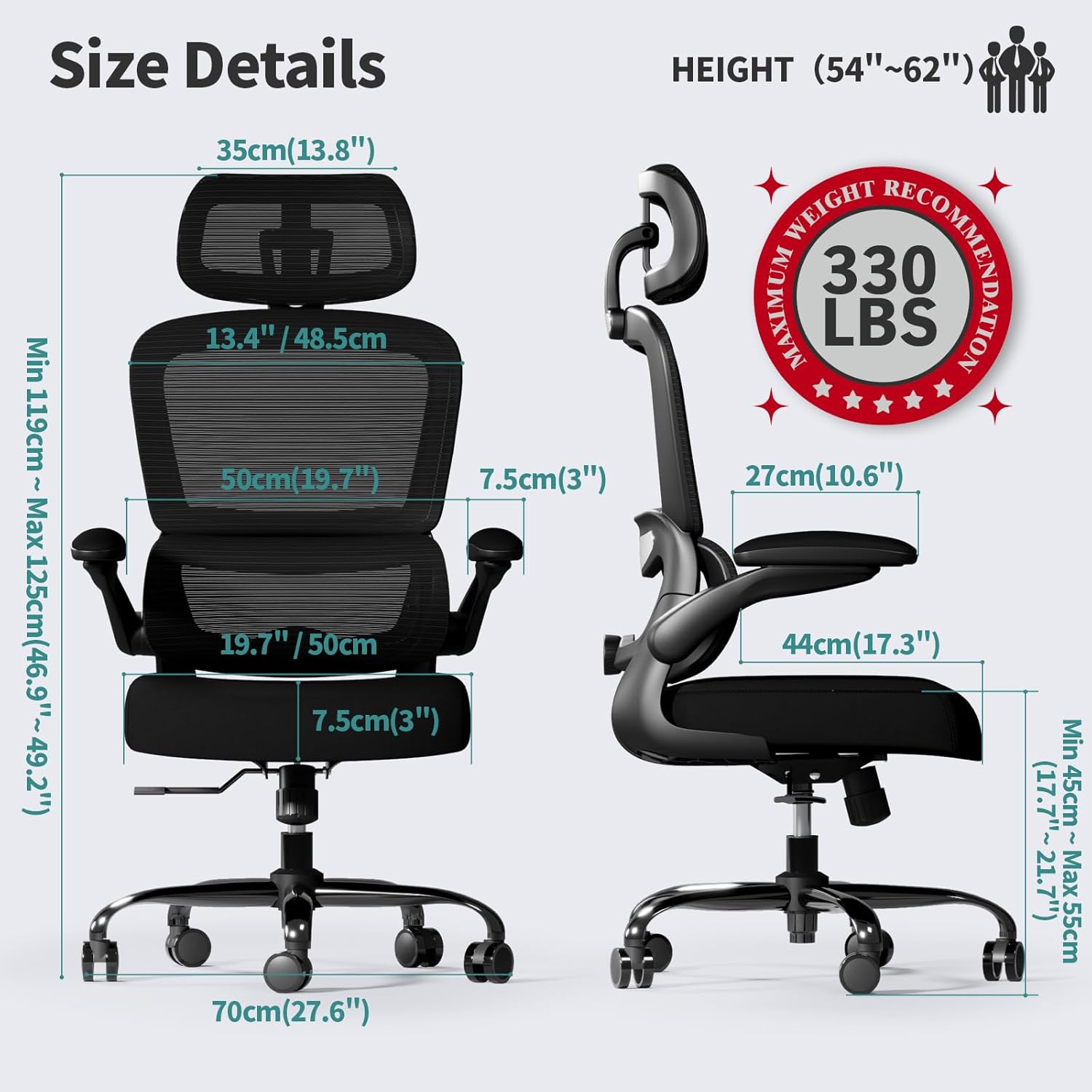 Ergonomic Mesh Office Chair with Adjustable Lumbar, Headrest and Flip-Up Arms, detail 2