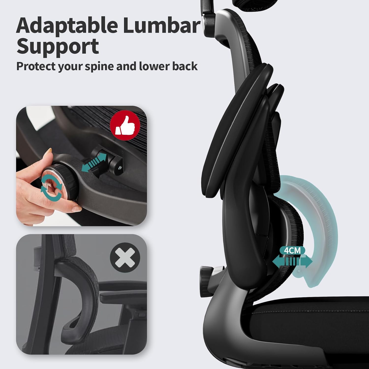 Ergonomic Mesh Office Chair with Adjustable Lumbar, Headrest and Flip-Up Arms, detail 3