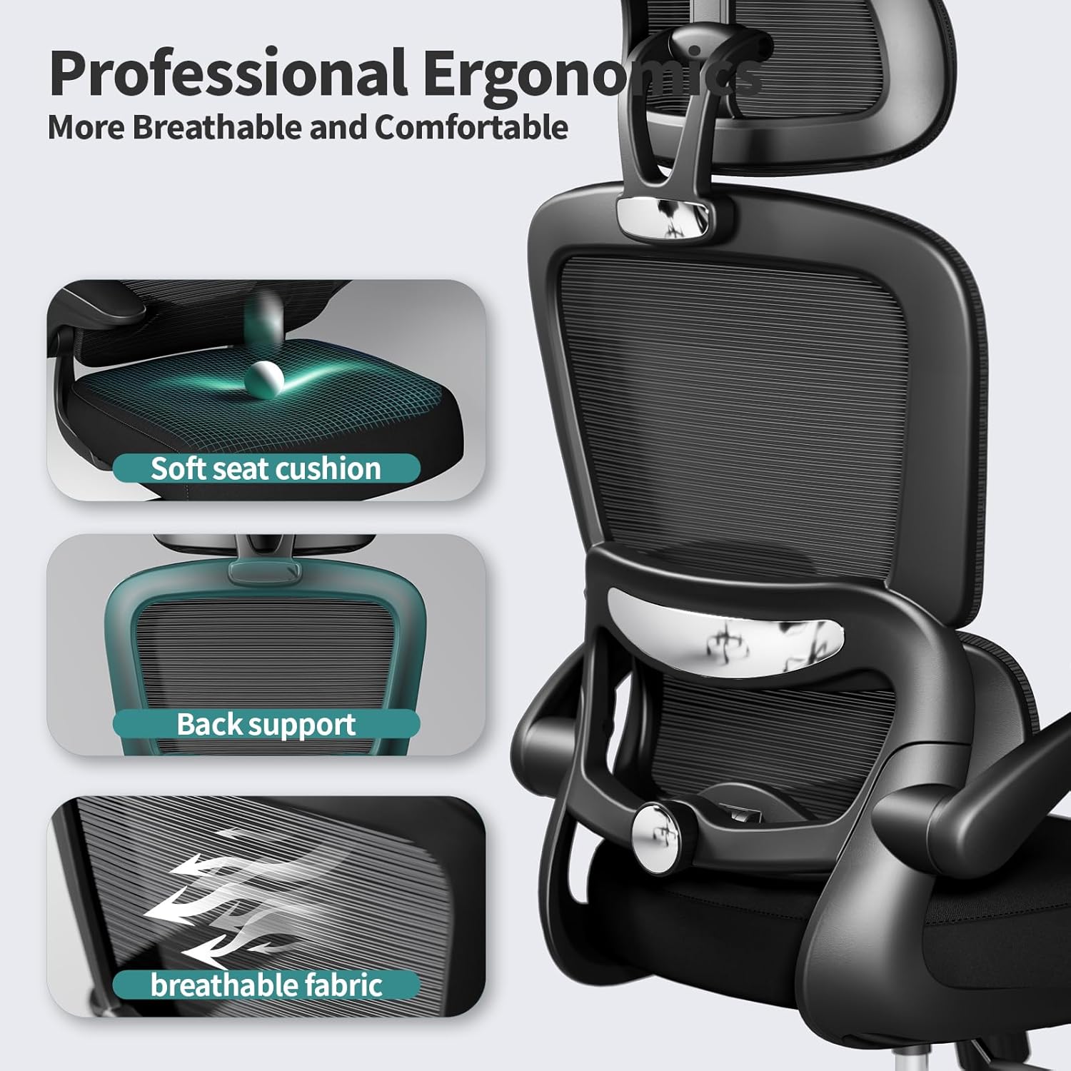 Ergonomic Mesh Office Chair with Adjustable Lumbar, Headrest and Flip-Up Arms, detail 4