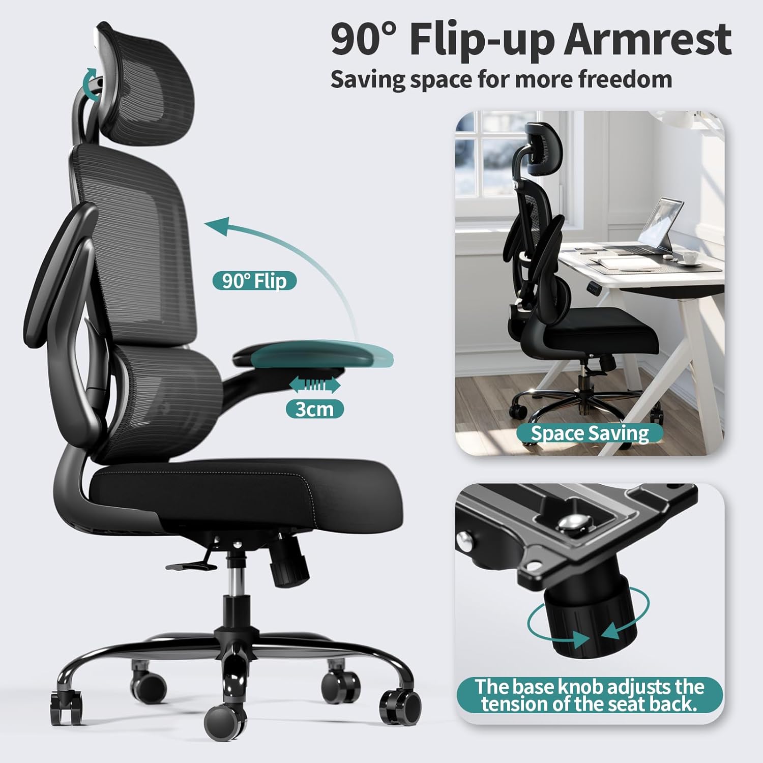 Ergonomic Mesh Office Chair with Adjustable Lumbar, Headrest and Flip-Up Arms, detail 5