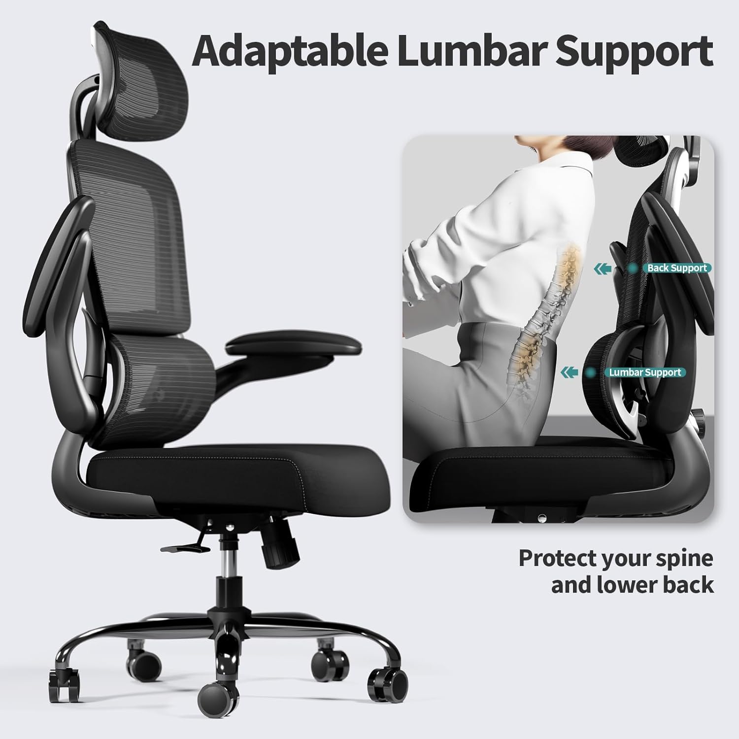 Ergonomic Mesh Office Chair with Adjustable Lumbar, Headrest and Flip-Up Arms, detail 6